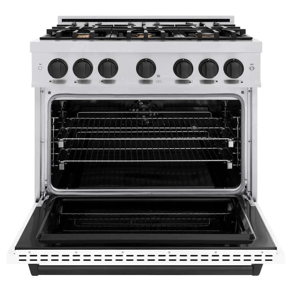 ZLINE 36" Dual Fuel Range, Gas Cooktop, Electric Convection Oven Stainless Steel, Matte White Door Matte Black CDRZ-WM-36-MB by Farmhouse Kitchen and Bath