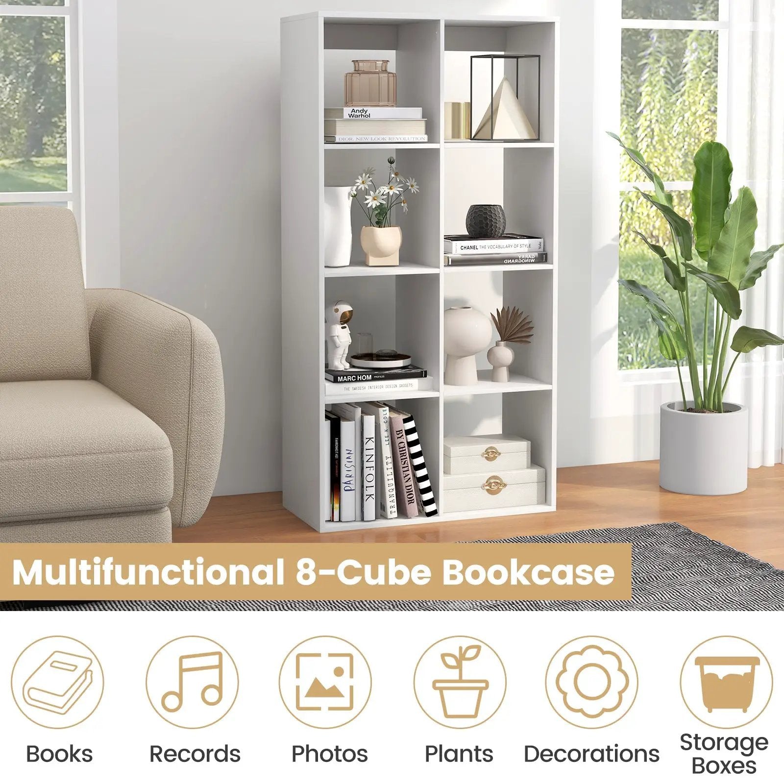 8 Cube Bookshelf with Back Guardrail for Living Room Bedroom-White by DirectDeals