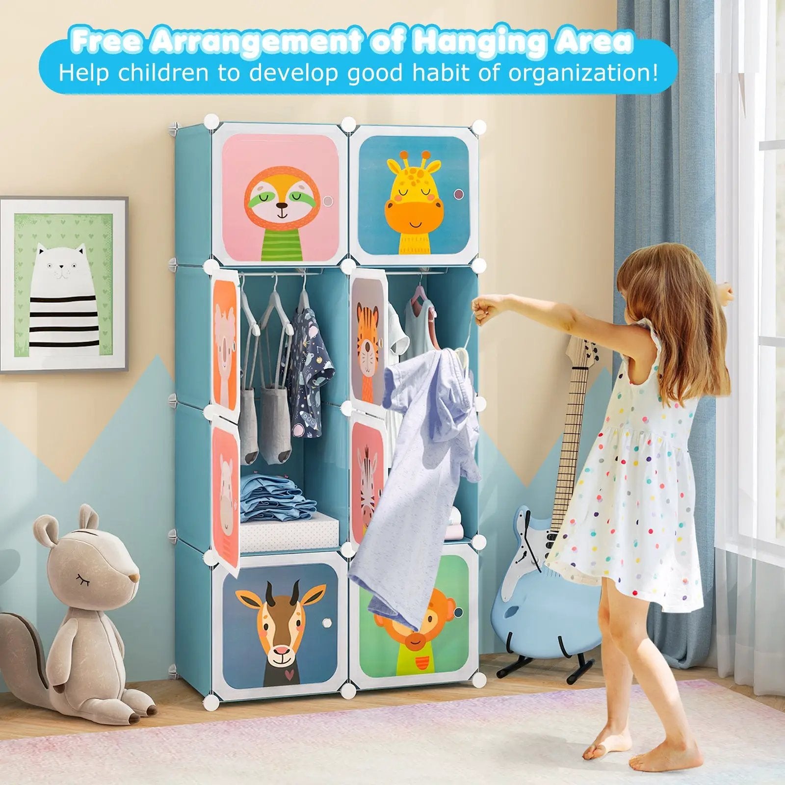 8-Cube Kids Wardrobe Closet with Clothes Hanging Section and Doors-Pink by DirectDeals