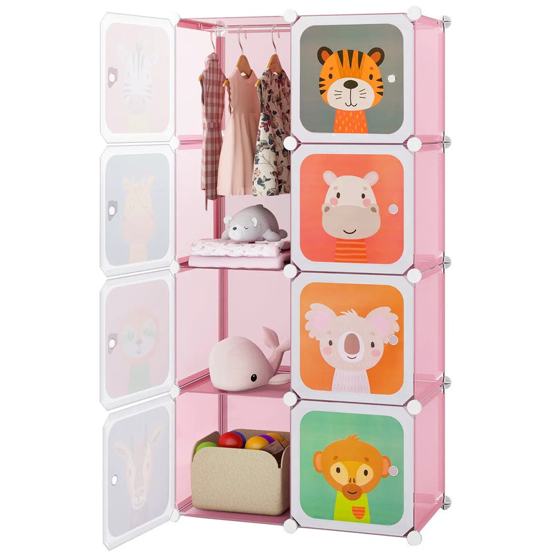 8-Cube Kids Wardrobe Closet with Clothes Hanging Section and Doors-Pink by DirectDeals
