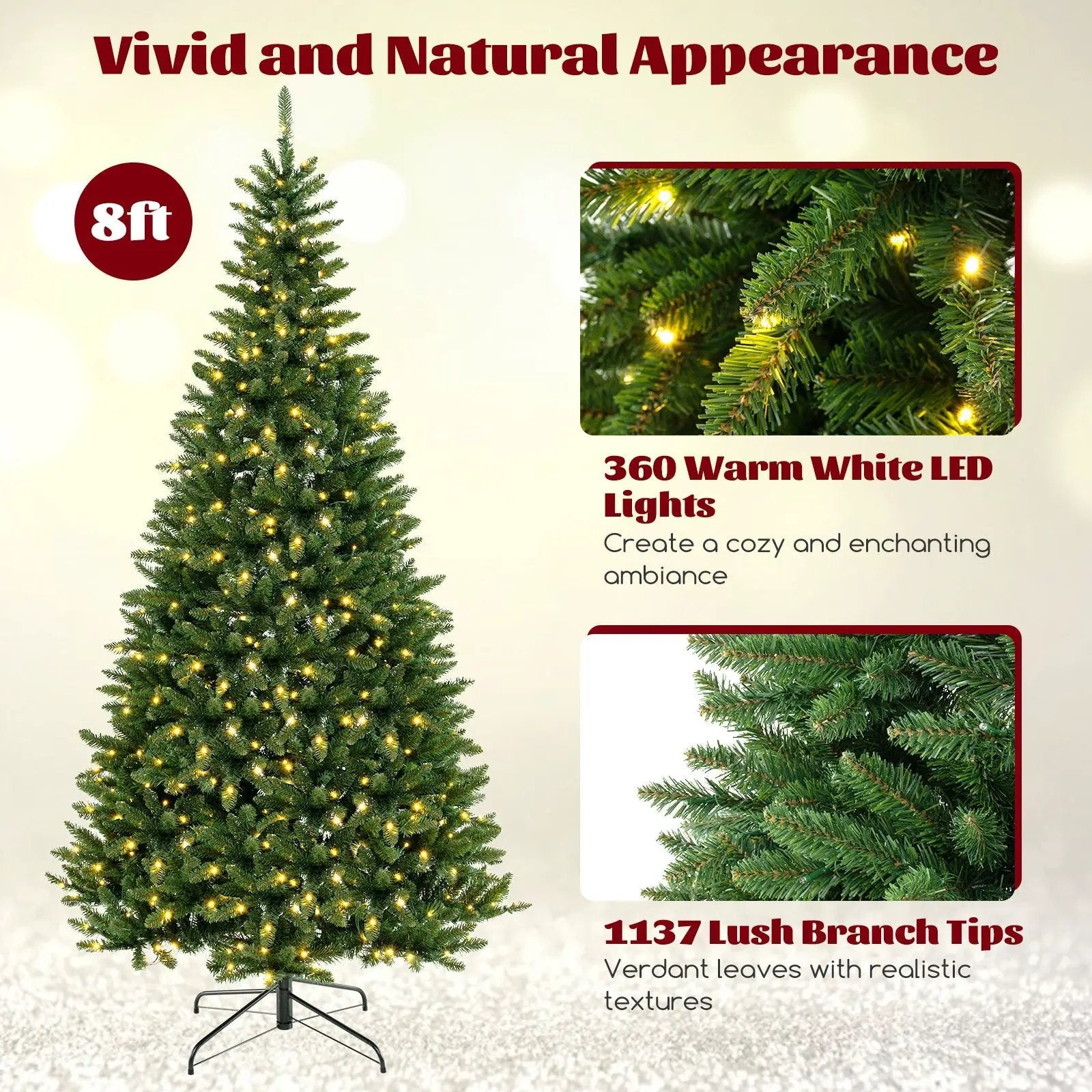 8 FT Corner Artificial Christmas Tree with 1137 Branch Tips and 360 Warm White LED Lights by DirectDeals