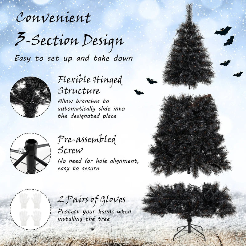 6/7/8 Feet Black Artificial Halloween Christmas Tree with PVC Branch Tips and 210/320/450 Cool White LED Lights by DirectDeals