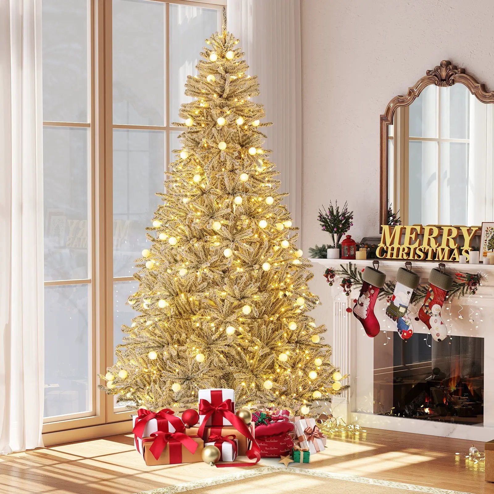 6 Feet Snow-flocked Artificial Christmas Tree Pre-lit Hinged with 81 Sphere Lights and Remote by DirectDeals