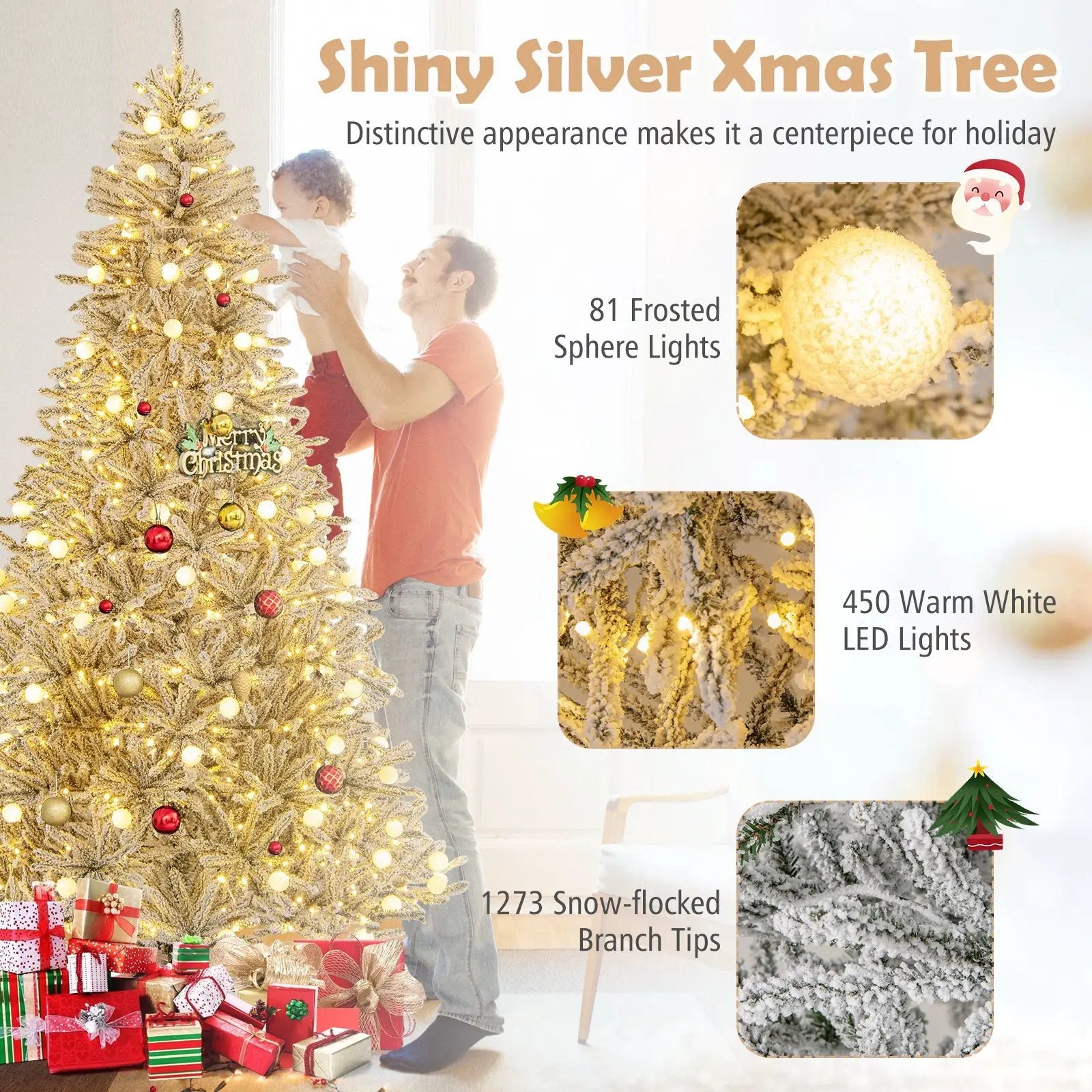 6 Feet Snow-flocked Artificial Christmas Tree Pre-lit Hinged with 81 Sphere Lights and Remote by DirectDeals