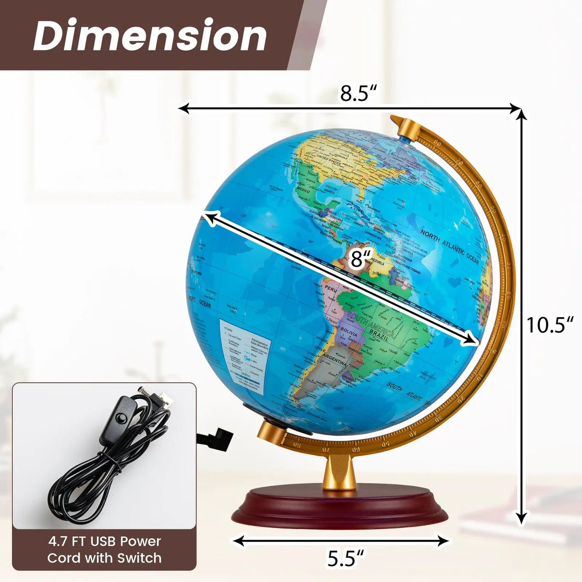8 Inch Illuminated World Globe Night Light up Globe Lamp with Wooden Stand and HD Map, photo 8 of 16