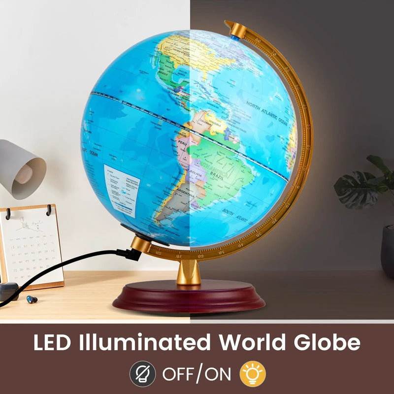 8 Inch Illuminated World Globe Night Light up Globe Lamp with Wooden Stand and HD Map by DirectDeals