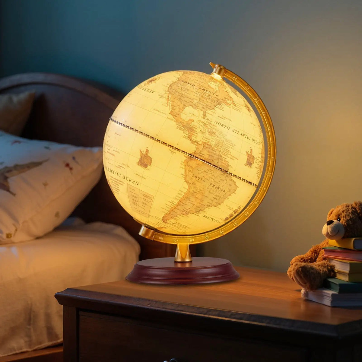 8 Inch Illuminated World Globe Night Light up Globe Lamp with Wooden Stand and HD Map, photo 3 of 16