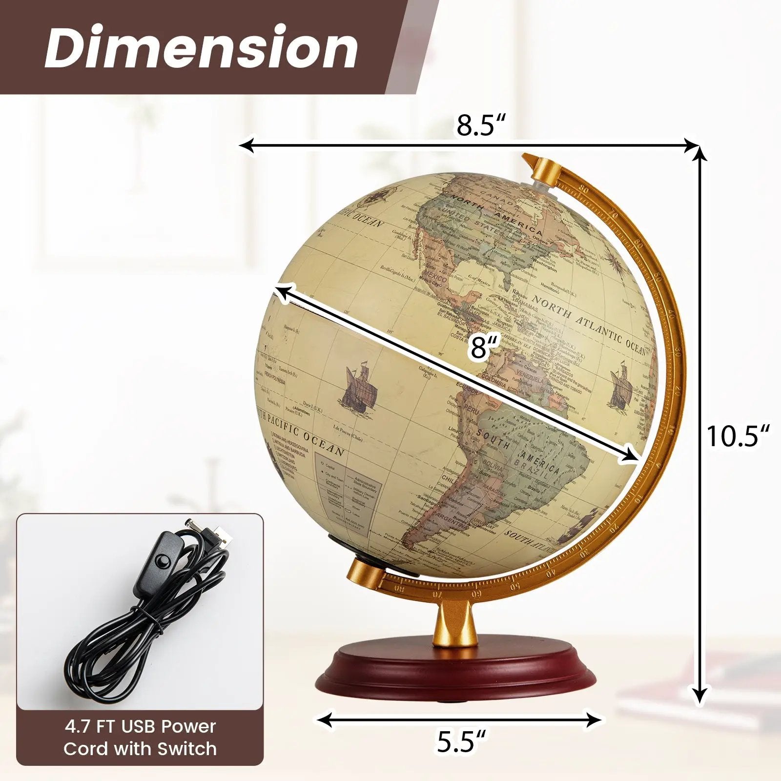 8 Inch Illuminated World Globe Night Light up Globe Lamp with Wooden Stand and HD Map by DirectDeals