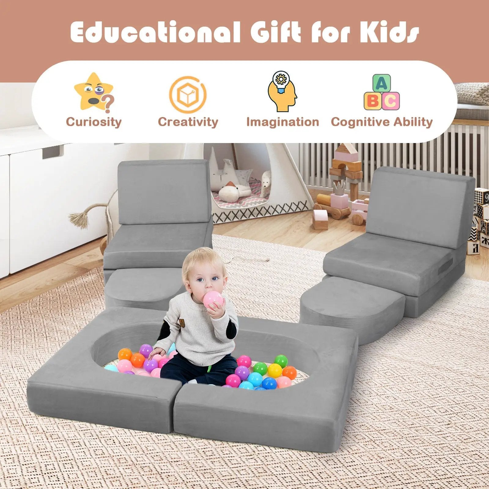 8-Piece Modular Kids Play Couch with Comfy Suede Fabric by DirectDeals