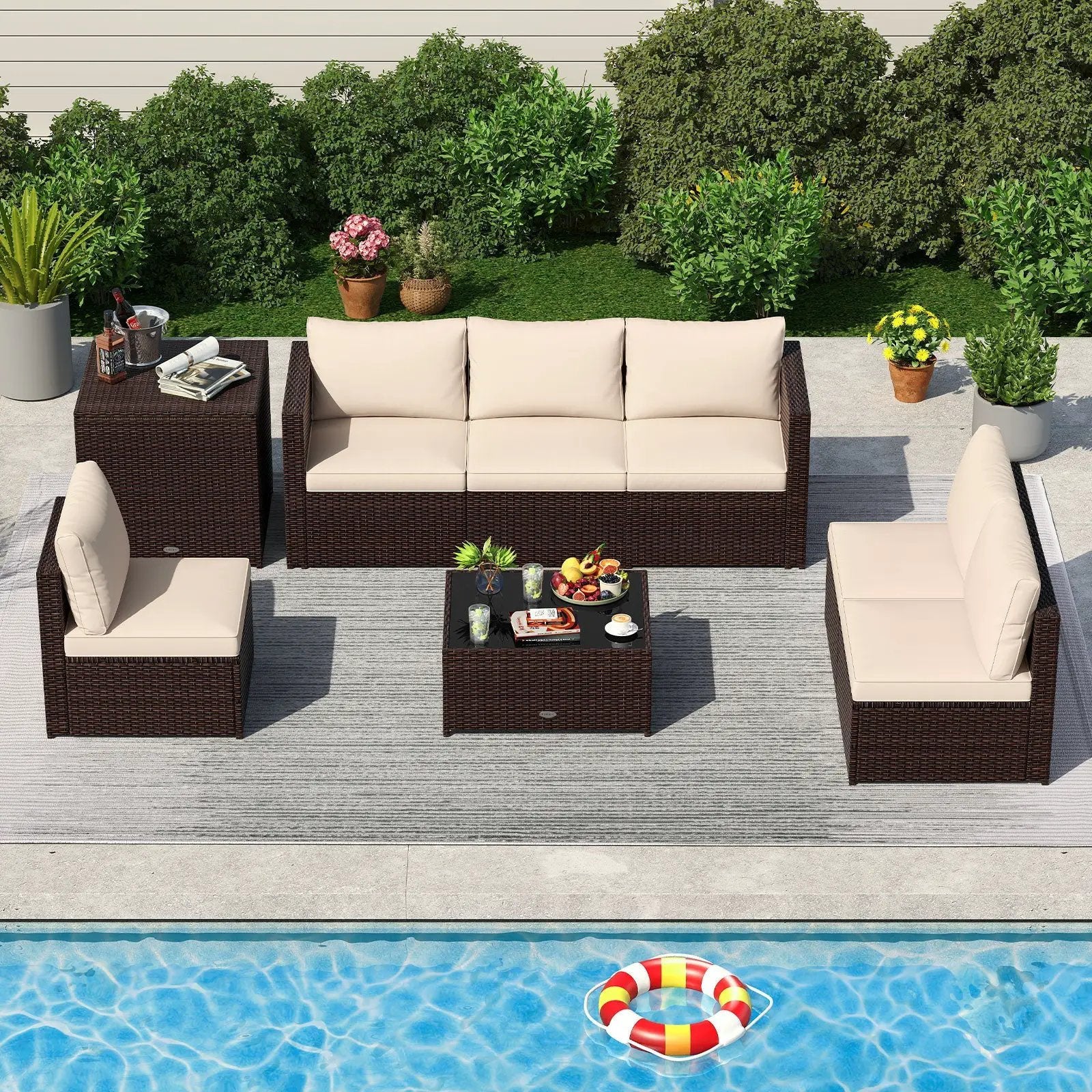 8 Piece Patio Furniture Set with Storage Box and Tempered Glass Coffee Table-Beige by DirectDeals