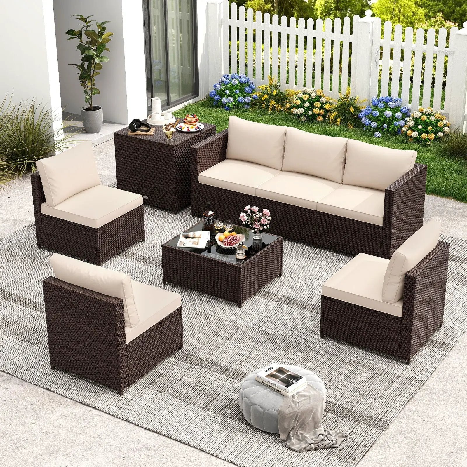 8 Piece Patio Furniture Set with Storage Box and Tempered Glass Coffee Table-Beige by DirectDeals