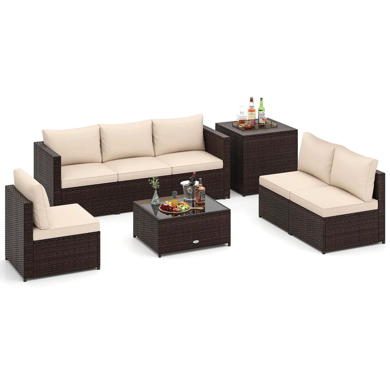 8 Piece Patio Furniture Set with Storage Box and Tempered Glass Coffee Table-Beige by DirectDeals