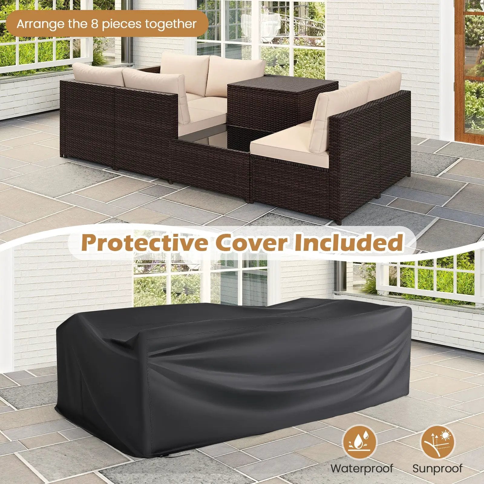 8 Piece Patio Furniture Set with Storage Box and Tempered Glass Coffee Table-Beige by DirectDeals