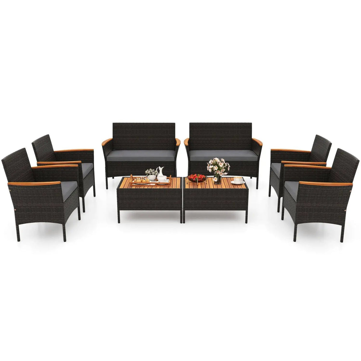 8 Piece Patio Wicker Sofa Set 4 Rattan Chairs and 2 Loveseat with 2 Table, photo 2 of 16