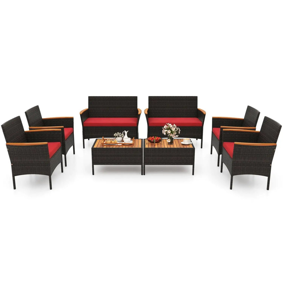 8 Piece Patio Wicker Sofa Set 4 Rattan Chairs and 2 Loveseat with 2 Table