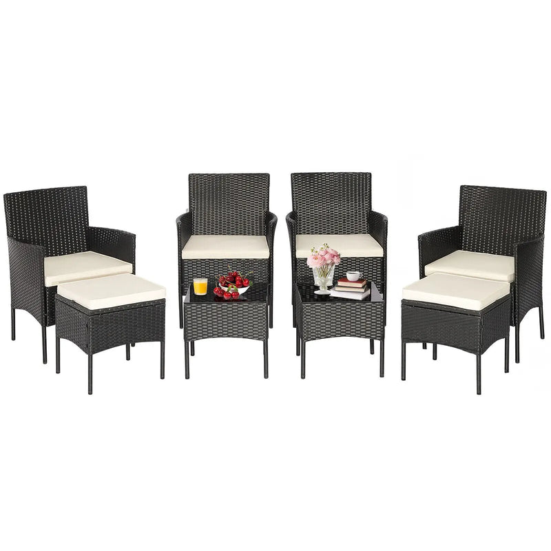 8 Pieces Patio Wicker Conversation Set with 2 Coffee Tables and 2 Ottomans by DirectDeals
