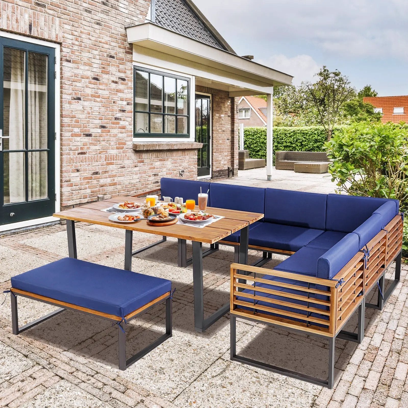 8 Pieces Patio Acacia Wood Dining Table Set with Ottoman Cushions-Navy by DirectDeals
