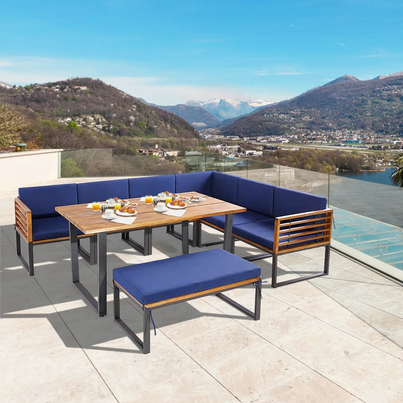 8 Pieces Patio Acacia Wood Dining Table Set with Ottoman Cushions-Navy by DirectDeals