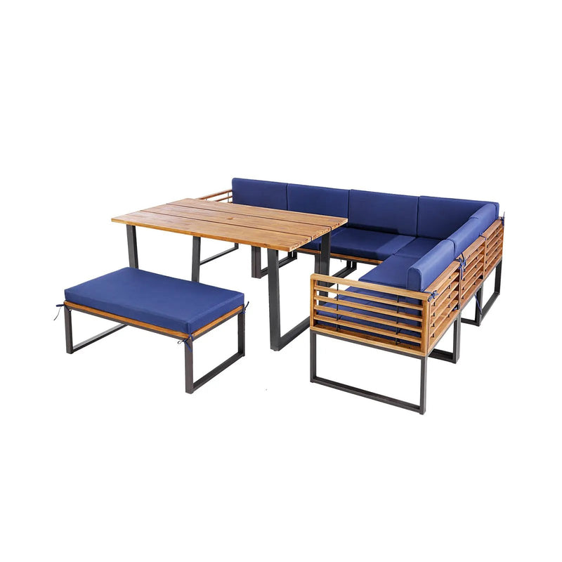 8 Pieces Patio Acacia Wood Dining Table Set with Ottoman Cushions-Navy by DirectDeals