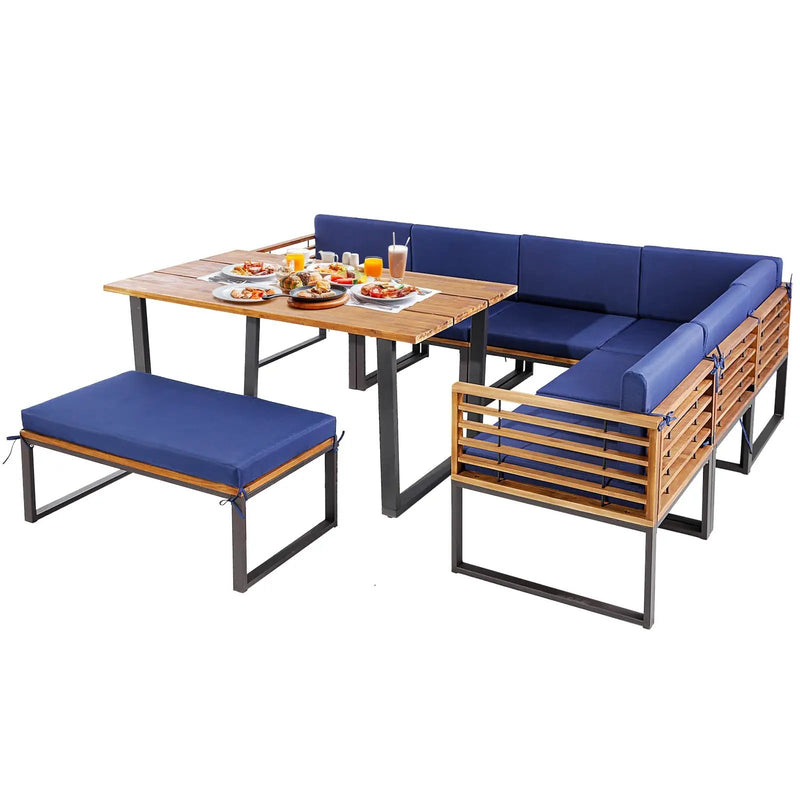 8 Pieces Patio Acacia Wood Dining Table Set with Ottoman Cushions-Navy by DirectDeals