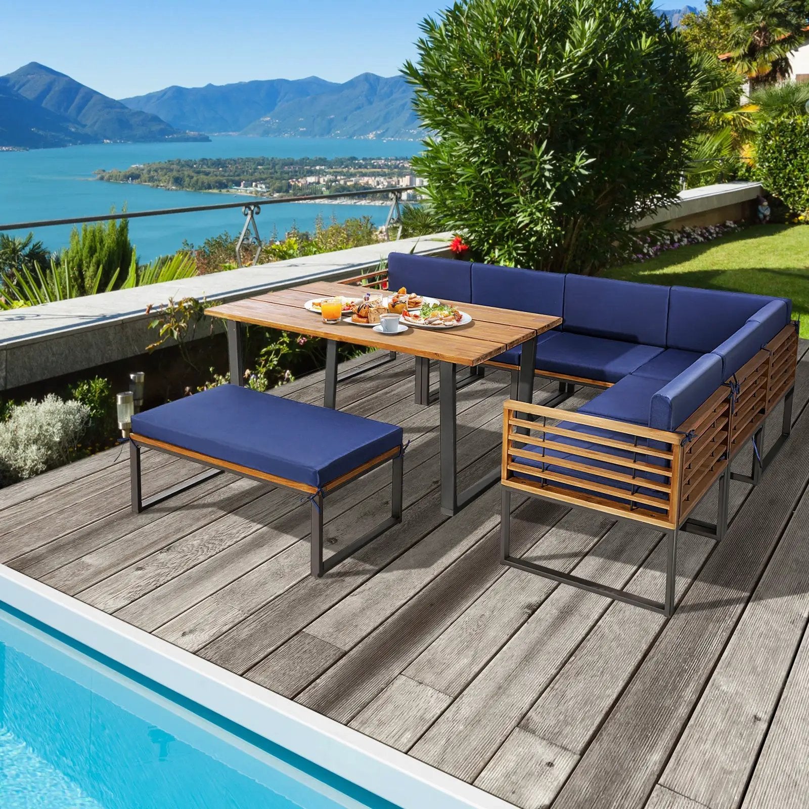 8 Pieces Patio Acacia Wood Dining Table Set with Ottoman Cushions-Navy by DirectDeals