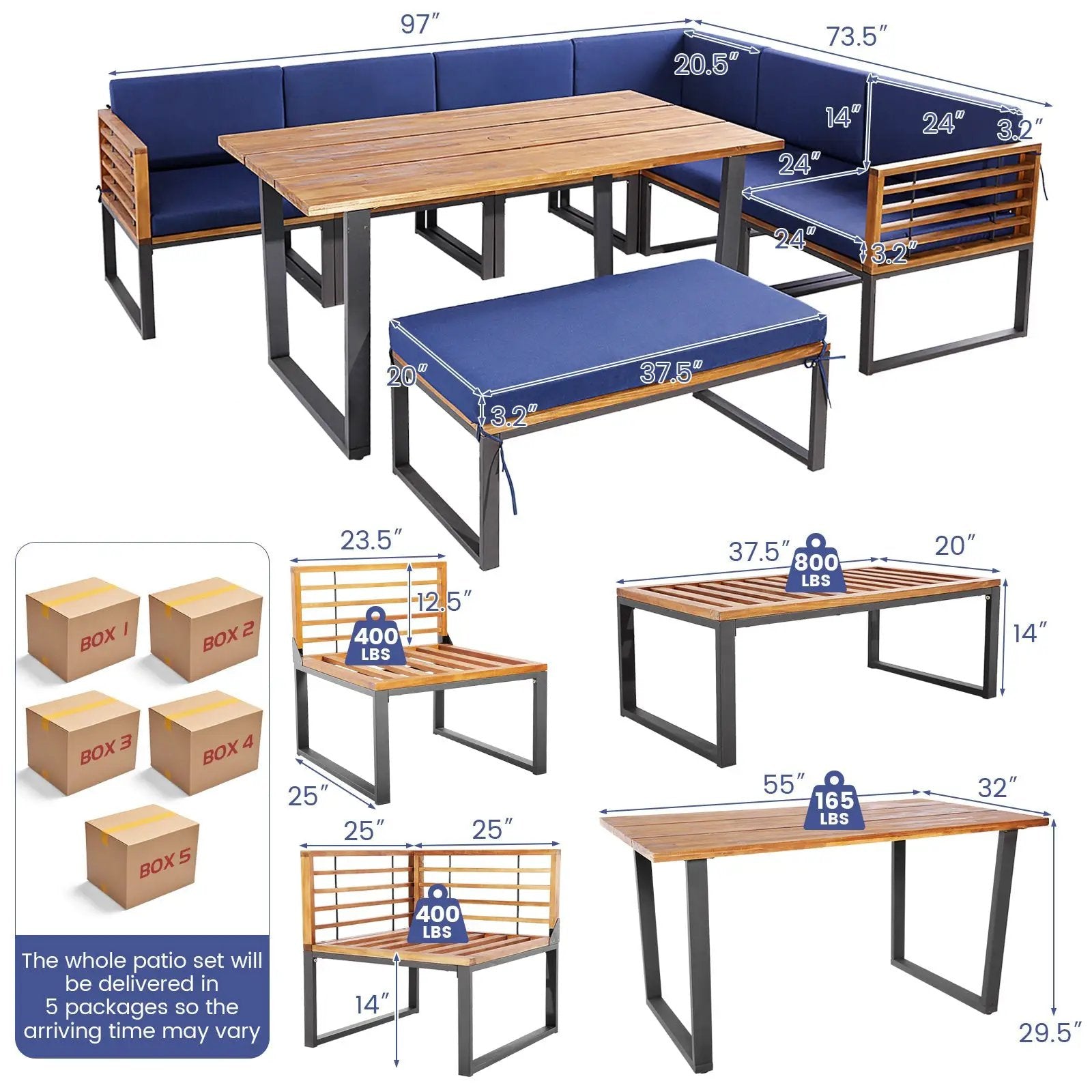 8 Pieces Patio Acacia Wood Dining Table Set with Ottoman Cushions-Navy by DirectDeals