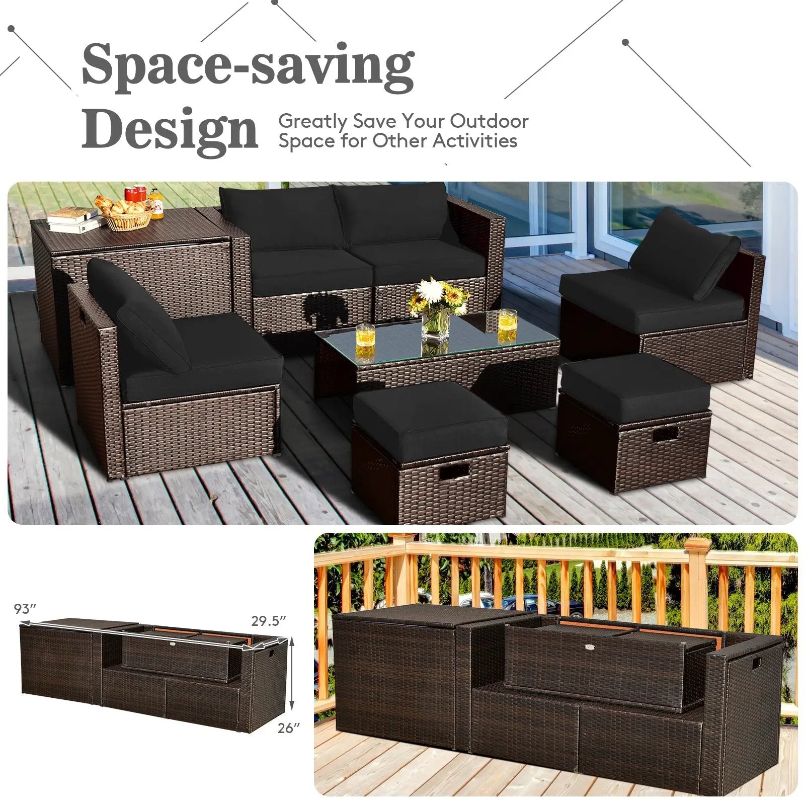 8 Pieces Patio Space-Saving Rattan Furniture Set with Storage Box and Waterproof Cover-Gray by DirectDeals