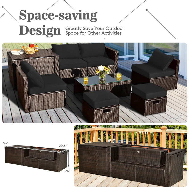 8 Pieces Patio Space-Saving Rattan Furniture Set with Storage Box and Waterproof Cover-Gray by DirectDeals