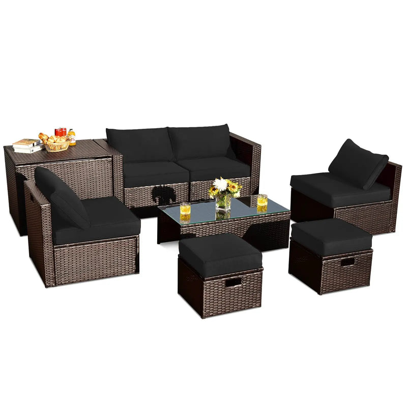 8 Pieces Patio Space-Saving Rattan Furniture Set with Storage Box and Waterproof Cover-Gray by DirectDeals