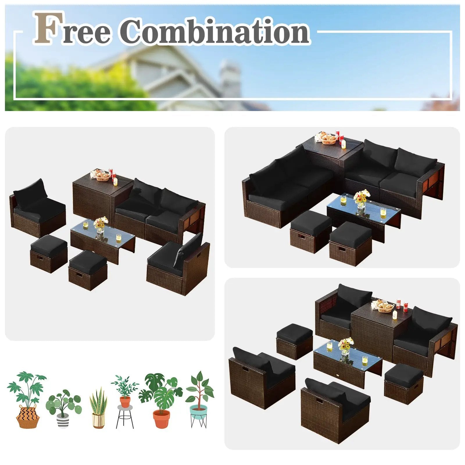 8 Pieces Patio Space-Saving Rattan Furniture Set with Storage Box and Waterproof Cover-Gray by DirectDeals