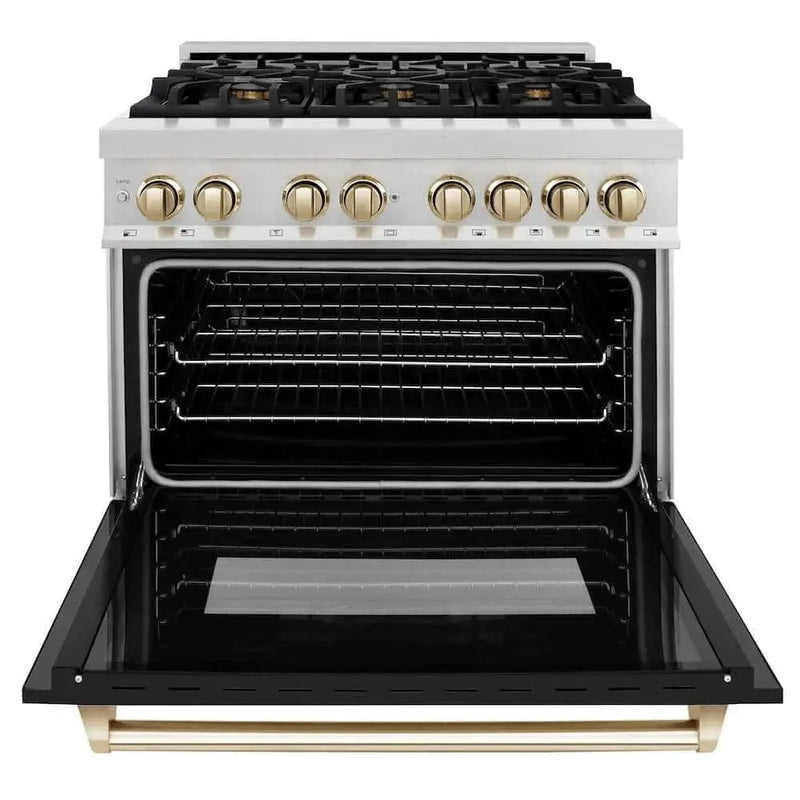 ZLINE 36" Autograph, Dual Fuel Range, Black Door, Gold, RASZ-BLM-36-G by Farmhouse Kitchen and Bath