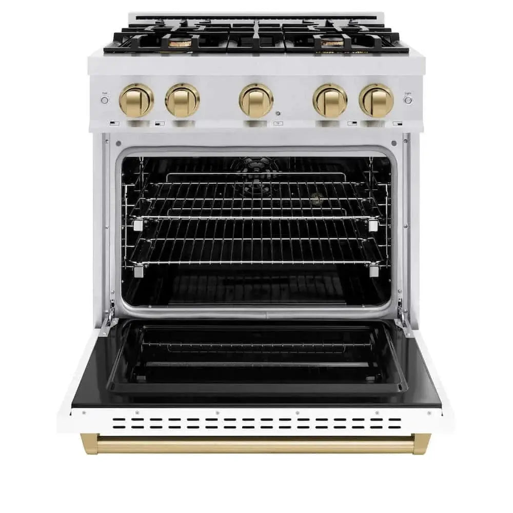 ZLINE 30" Dual Fuel Range, Gas Cooktop, Electric Convection Oven DuraSnow® Stainless Steel, White Matte Door, Champagne Bronze CDRSZ-WM-30-CB by Farmhouse Kitchen and Bath