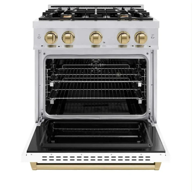 ZLINE 30" Dual Fuel Range, Gas Cooktop, Electric Convection Oven Stainless Steel, White Matte Polished Gold CDRZ-WM-30-G by Farmhouse Kitchen and Bath