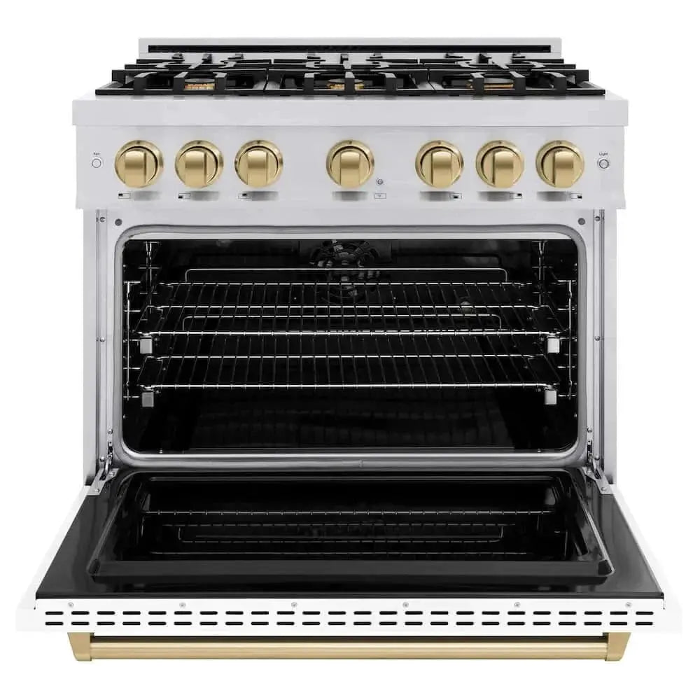ZLINE 36" Dual Fuel Range, Gas Cooktop, Electric Convection Oven Stainless Steel, Matte White Door Champagne Bronze CDRZ-WM-36-CB by Farmhouse Kitchen and Bath