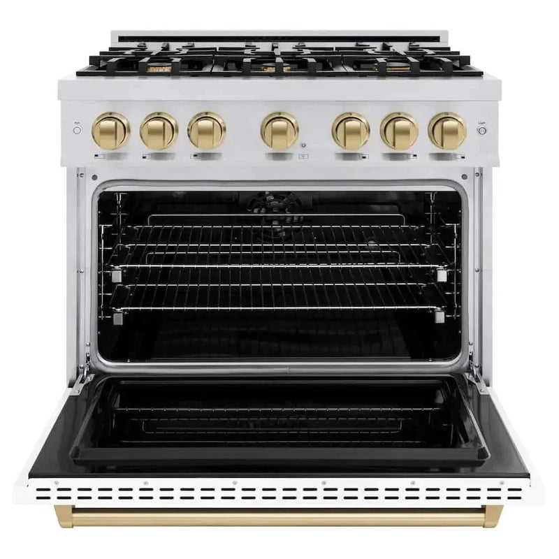 ZLINE 36" Dual Fuel Range, Gas Cooktop, Electric Convection Oven Stainless Steel, Matte White Door Champagne Bronze CDRZ-WM-36-CB by Farmhouse Kitchen and Bath