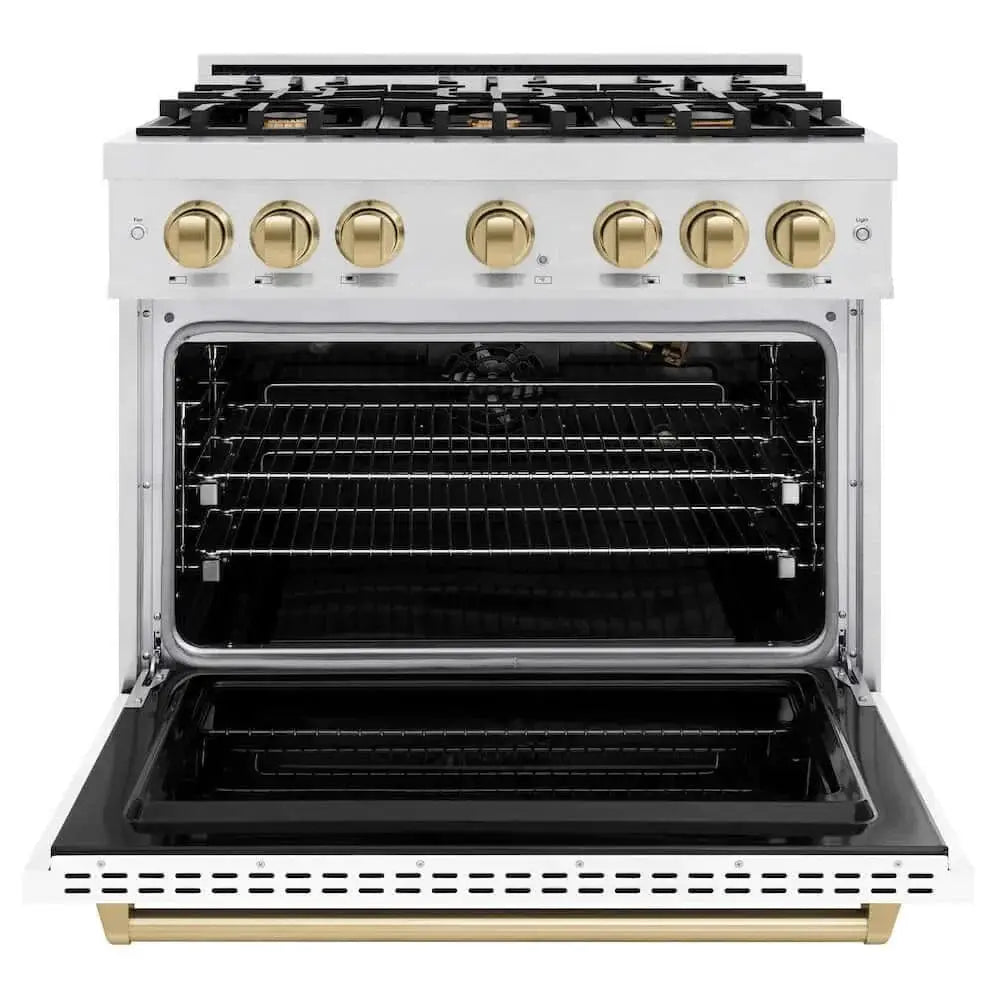ZLINE 36"Classic Gas Range, Convection Gas Oven, DuraSnow® Stainless Steel, White Matte Door Champagne Bronze CGRSZ-WM-36-CB by Farmhouse Kitchen and Bath