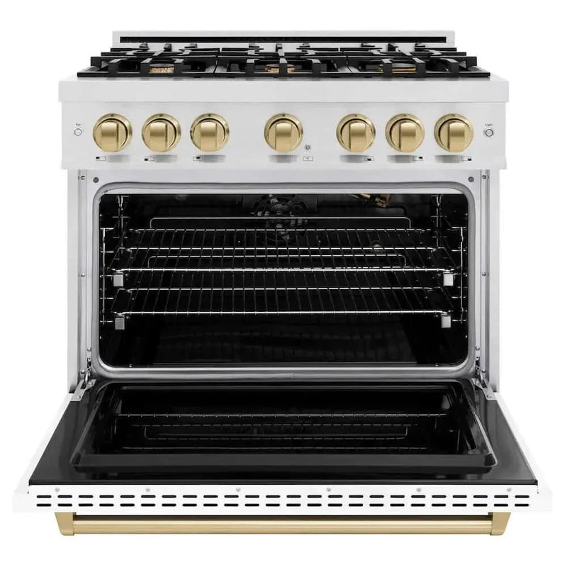ZLINE 36"Classic Gas Range, Convection Gas Oven, DuraSnow® Stainless Steel, White Matte Door Champagne Bronze CGRSZ-WM-36-CB by Farmhouse Kitchen and Bath
