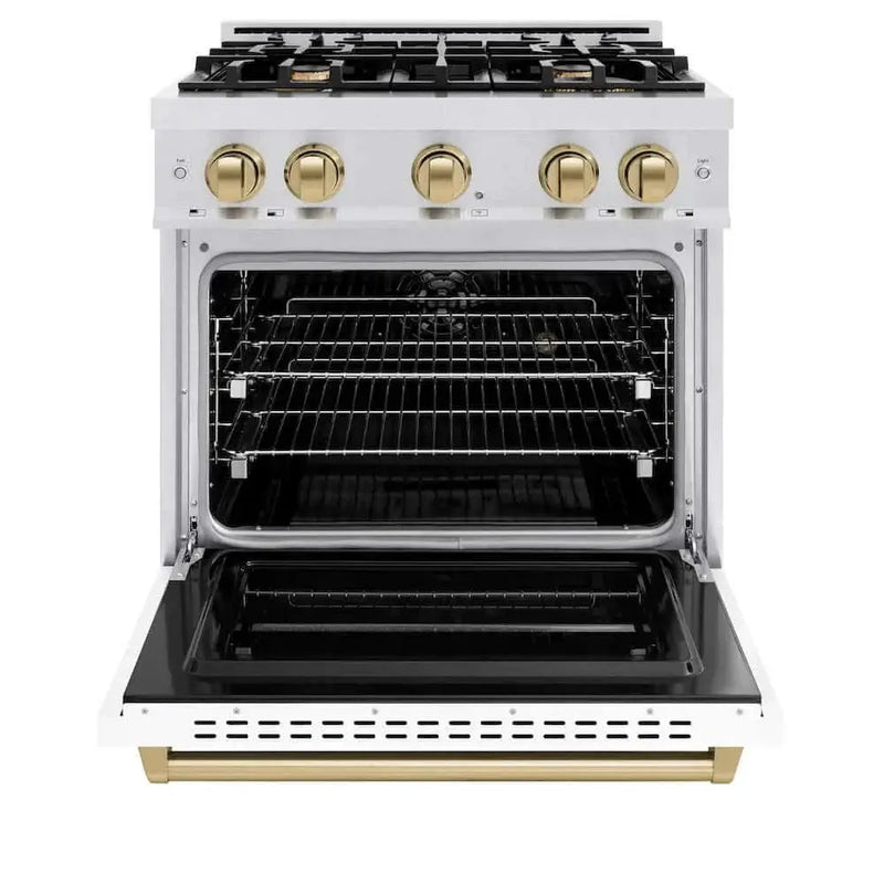 ZLINE 36" Dual Fuel Range, Gas Cooktop, Electric Convection Oven DuraSnow® Stainless Steel, White Matte Door Polished Gold CDRSZ-WM-36-G by Farmhouse Kitchen and Bath