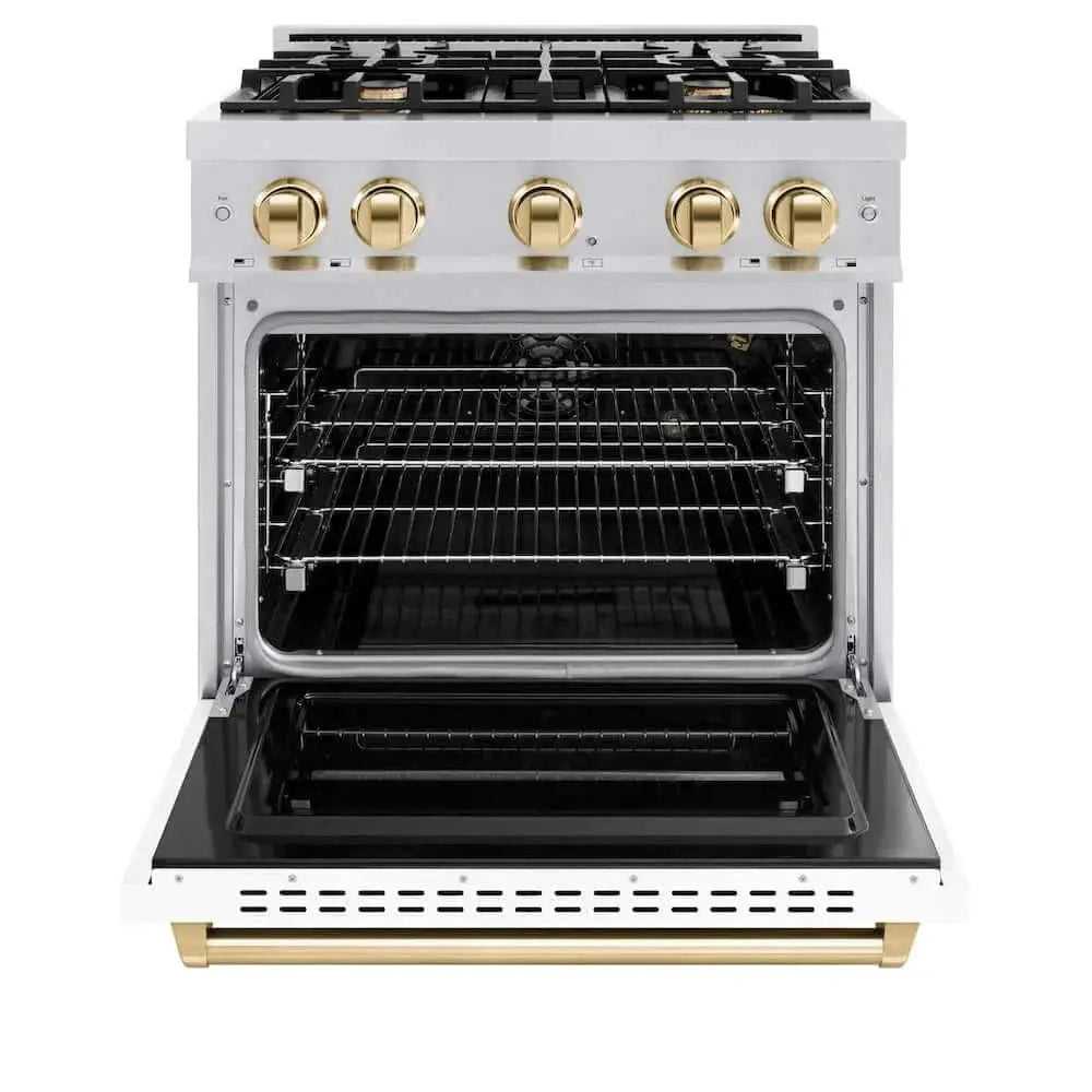ZLINE 30"Classic Gas Range, Convection Gas Oven, DuraSnow® Stainless Steel, White Matte Door Polished Gold CGRSZ-WM-30-G by Farmhouse Kitchen and Bath