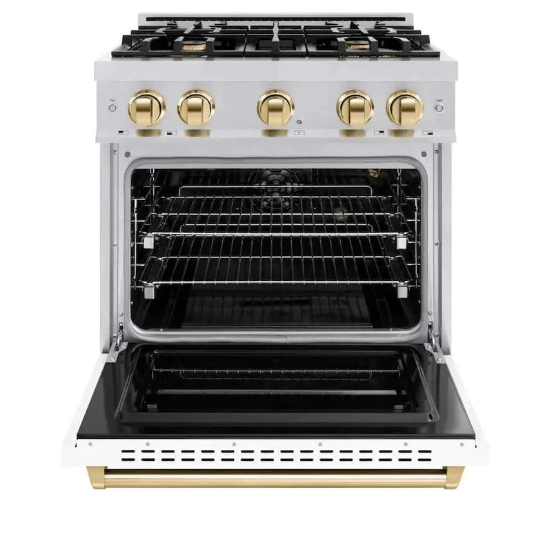 ZLINE 30"Classic Gas Range, Convection Gas Oven, DuraSnow® Stainless Steel, White Matte Door Polished Gold CGRSZ-WM-30-G by Farmhouse Kitchen and Bath