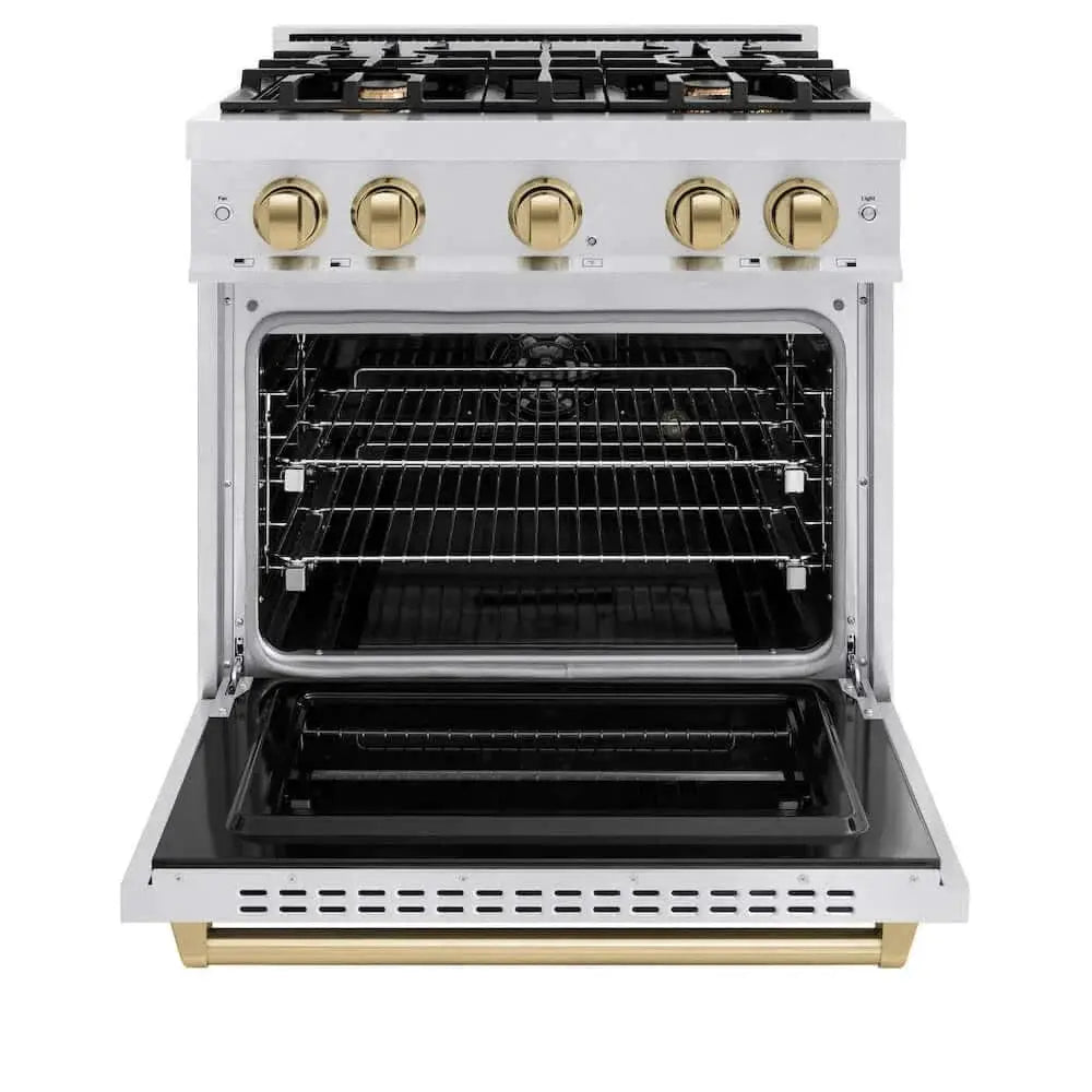 ZLINE 30" Dual Fuel Range, Gas Cooktop, Electric Convection Oven DuraSnow® Stainless Steel, Champagne Bronze CDRSZ-30-CB by Farmhouse Kitchen and Bath