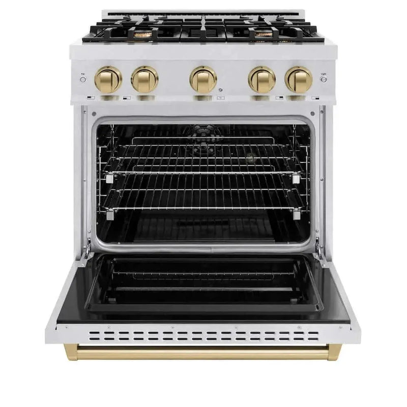 ZLINE 30" Dual Fuel Range, Gas Cooktop, Electric Convection Oven DuraSnow® Stainless Steel, Champagne Bronze CDRSZ-30-CB by Farmhouse Kitchen and Bath