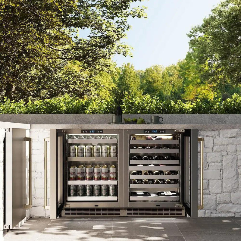 ZLINE 24" Touchstone 151 Can Beverage Fridge DuraSnow® Stainless Steel Glass Door And Champagne Bronze Handle RBSOZ-SN-24-CB by Farmhouse Kitchen and Bath