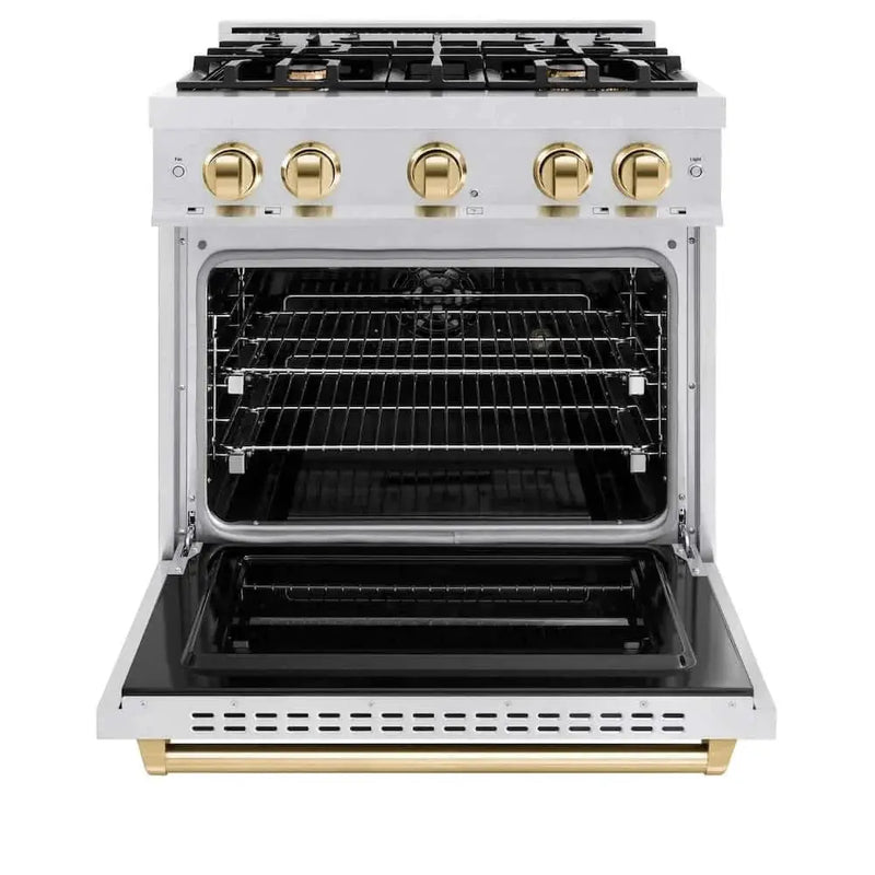 ZLINE 30" Classic Gas Range, Convection Gas Oven DuraSnow® Stainless Steel, Gold CGRSZ-30-G by Farmhouse Kitchen and Bath