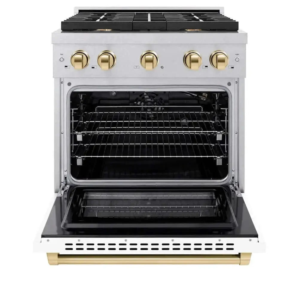 ZLINE 30"Gas Range, Convection Gas Oven, DuraSnow® White Matte, Gold SGRSZ-WM-30-G by Farmhouse Kitchen and Bath