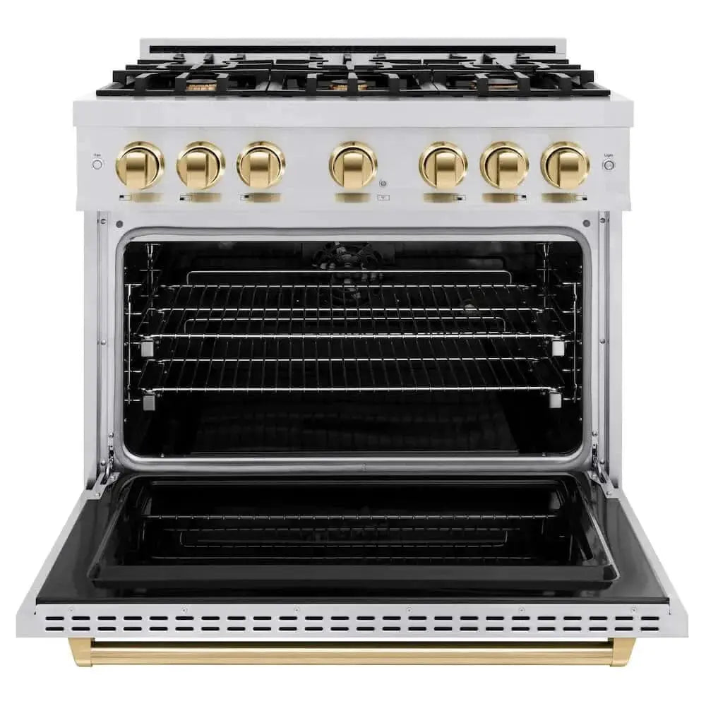 ZLINE 36" Classic Gas Range, Convection Gas Oven Stainless Steel, Gold CGRZ-36-G by Farmhouse Kitchen and Bath