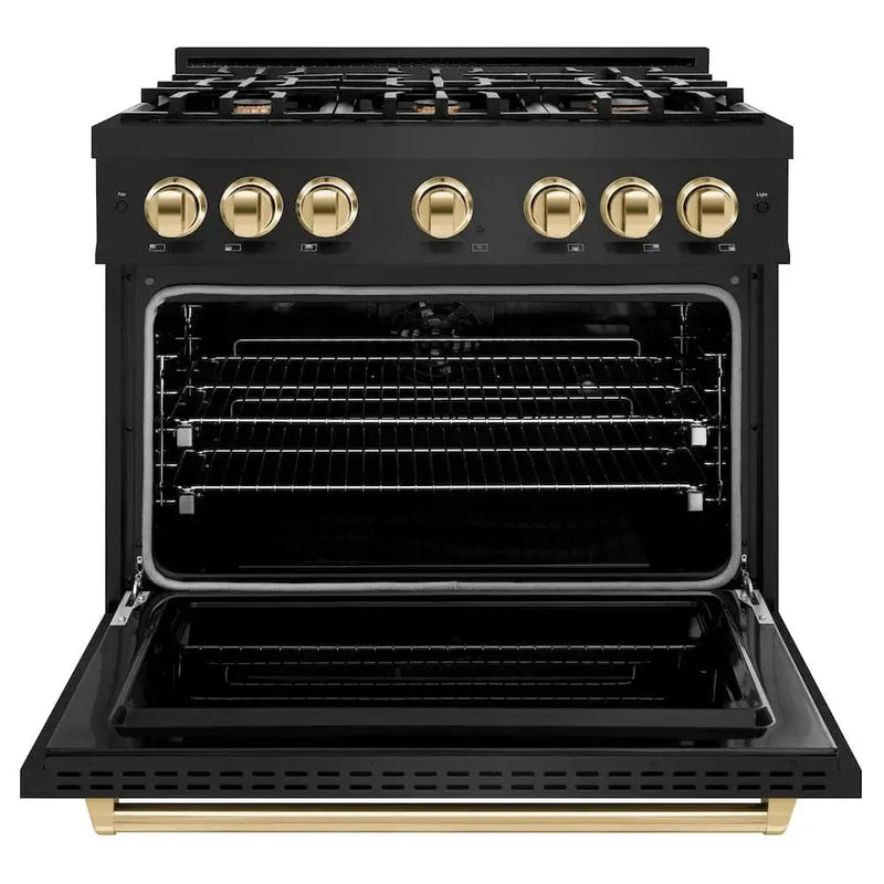 ZLINE 36" Classic Gas Range, Convection Gas Oven Black Stainless Steel, Gold CGRBZ-36-G by Farmhouse Kitchen and Bath