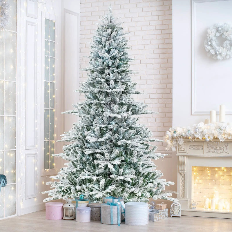 8 Feet Snow Flocked Artificial Christmas Tree with Cool White LED Lights by DirectDeals