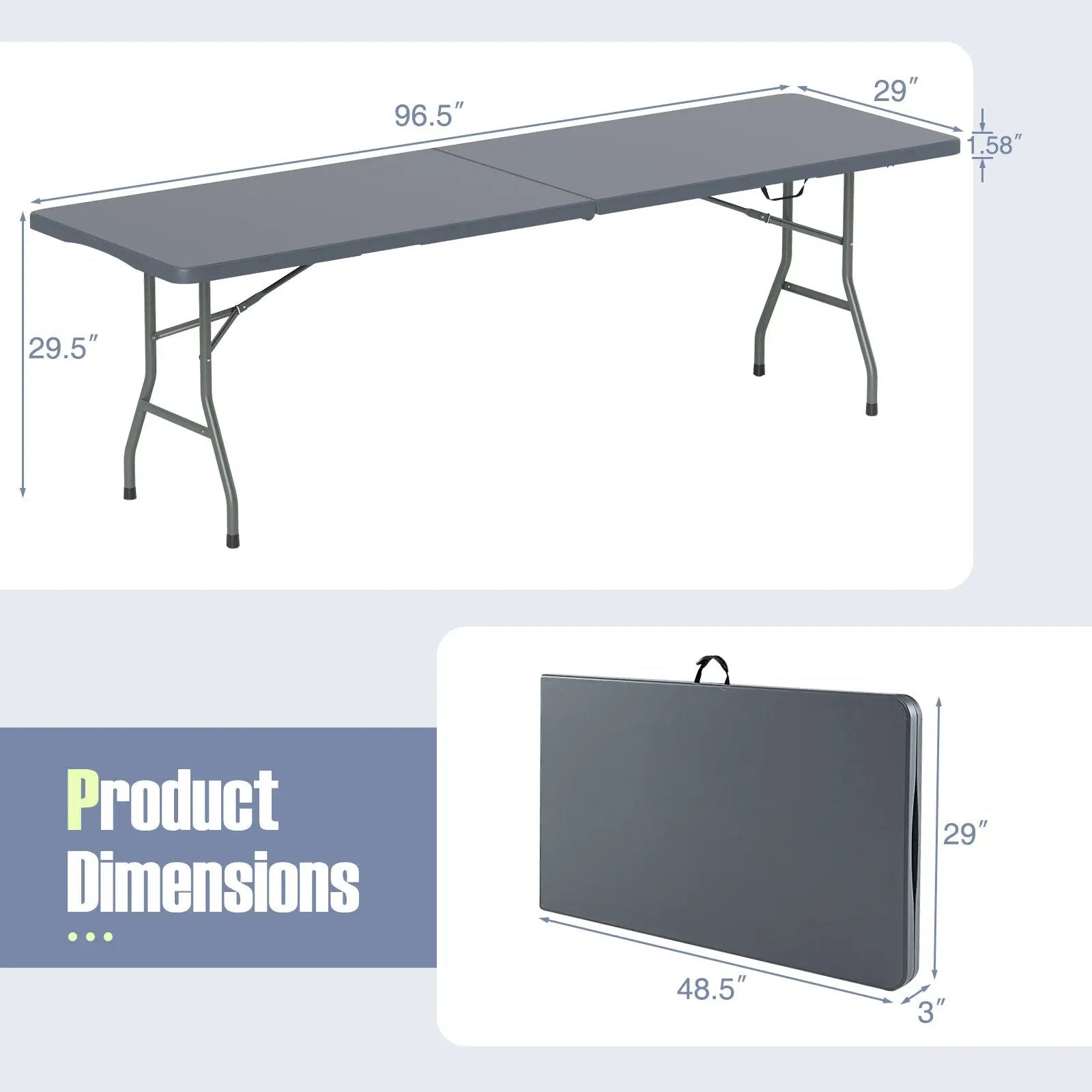 8 ft Portable Folding Table 350 LBS Fold-in-Half Table with HDPE Tabletop by DirectDeals