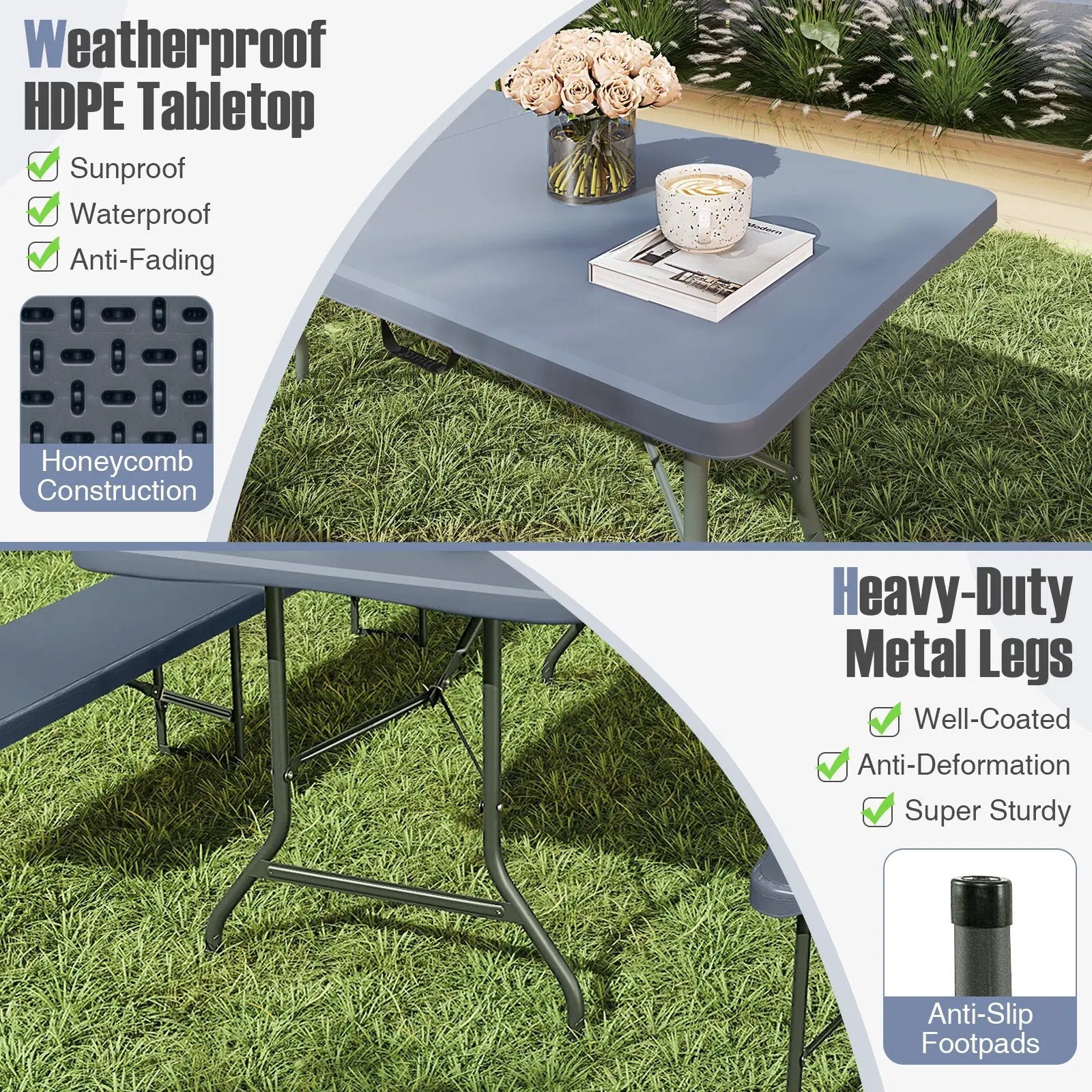 8 ft Portable Folding Table 350 LBS Fold-in-Half Table with HDPE Tabletop by DirectDeals